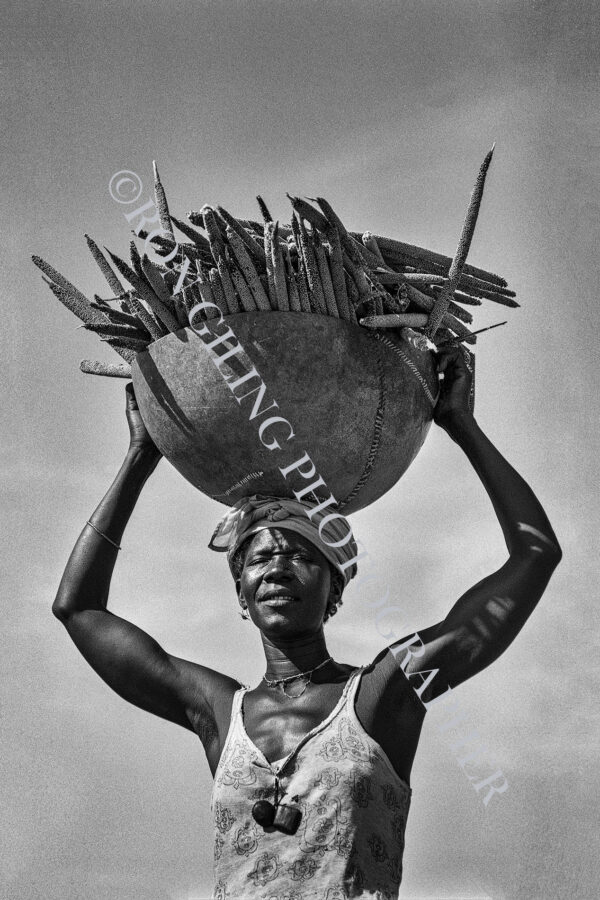 Senegal, woman carries harvested millet in basket on her head